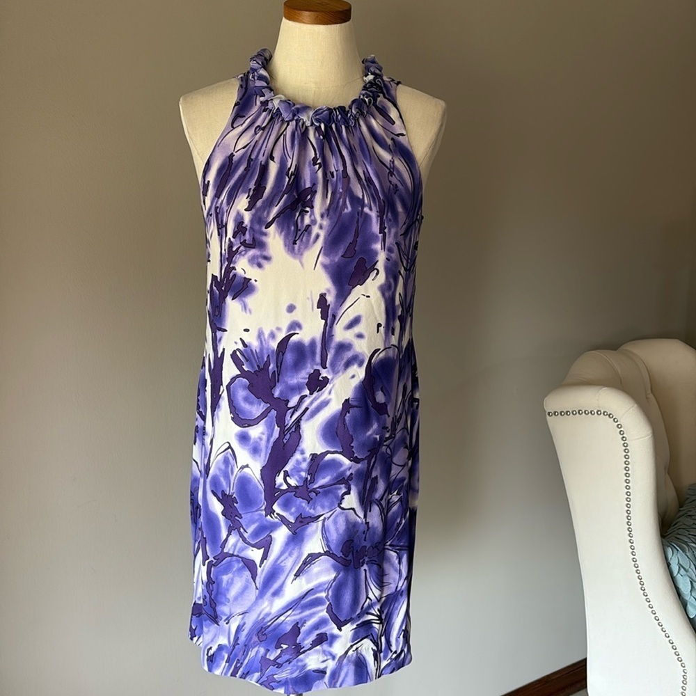 Taylor Halter purple white watercolor floral Midi SILK dress crew neck tie back